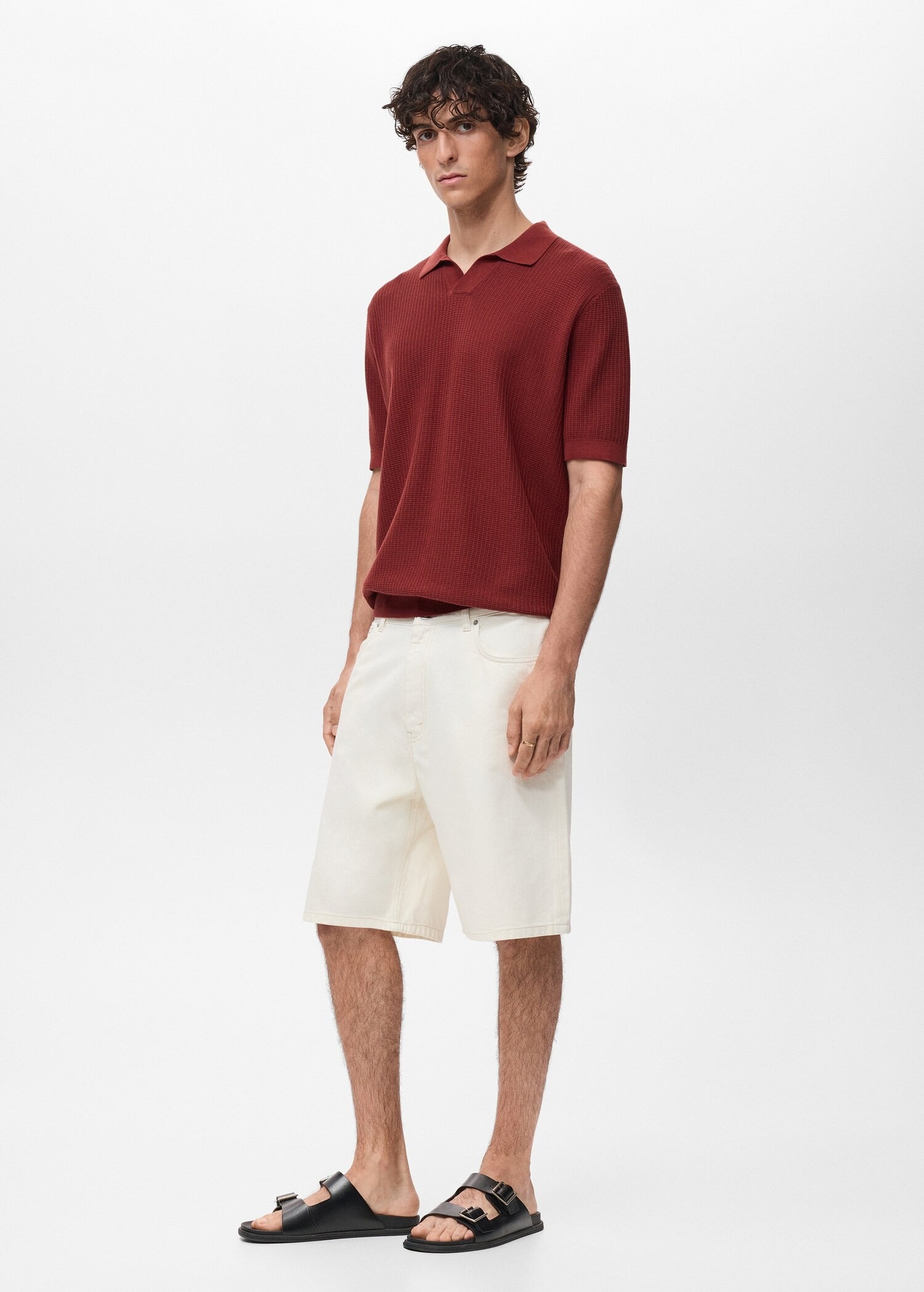 Camisa Polo em Tricô Texturizado - Vermelho