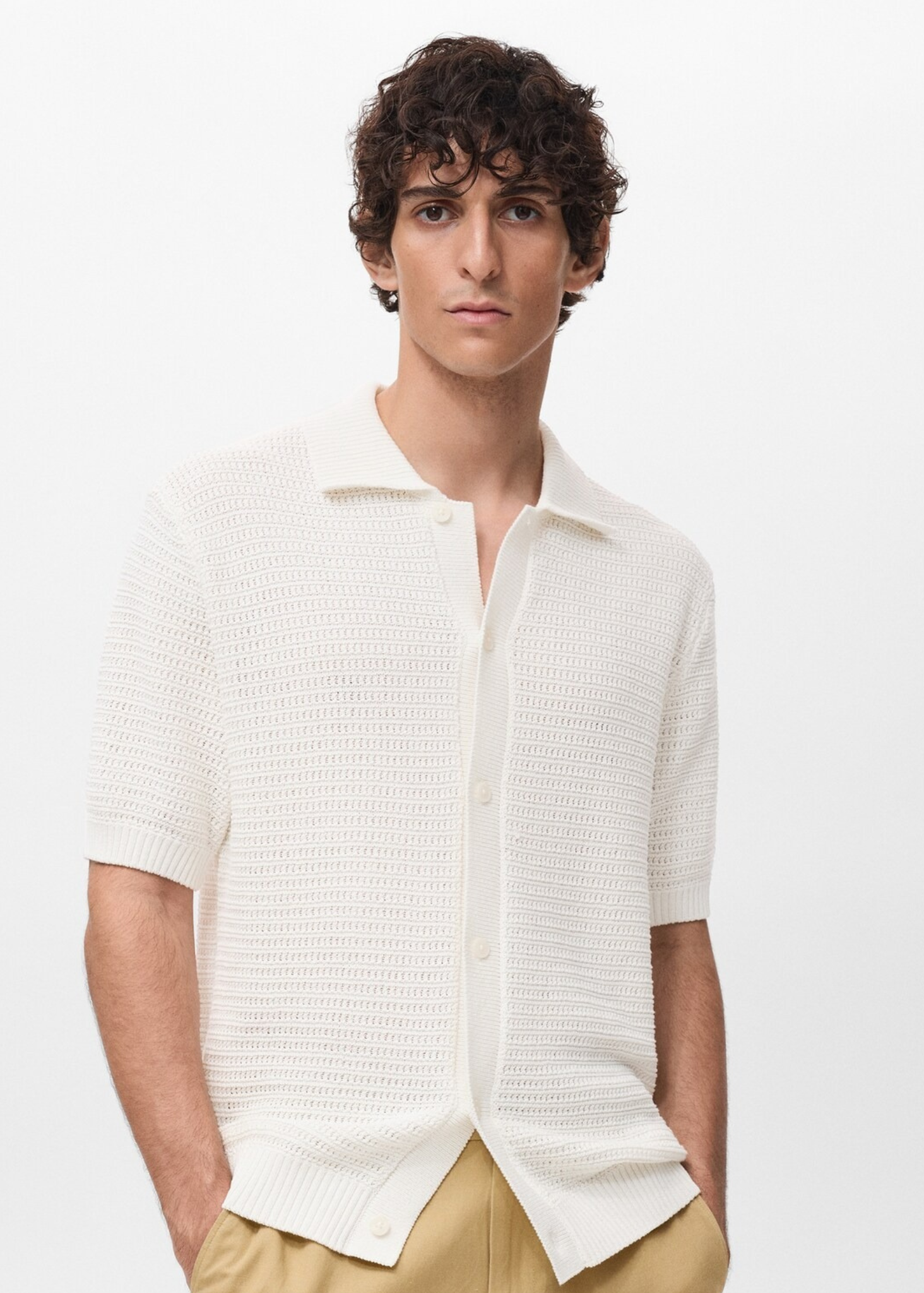 Camisa Polo em Crochê Malha Vazada - Branco