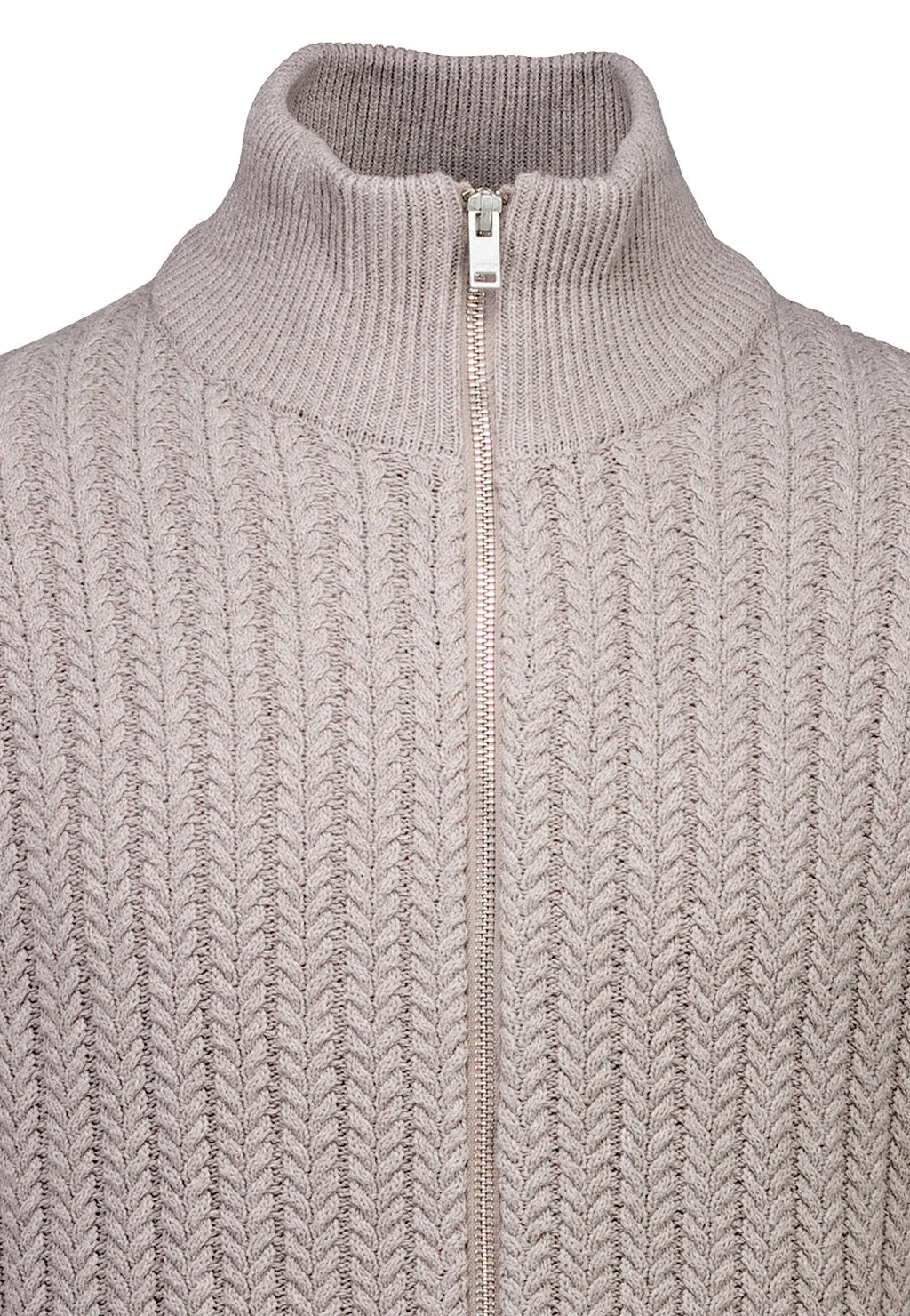 Cardigan Texturizado em Tricô com Gola Alta e Zíper - Bege