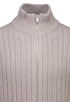 Cardigan Texturizado em Tricô com Gola Alta e Zíper - Bege