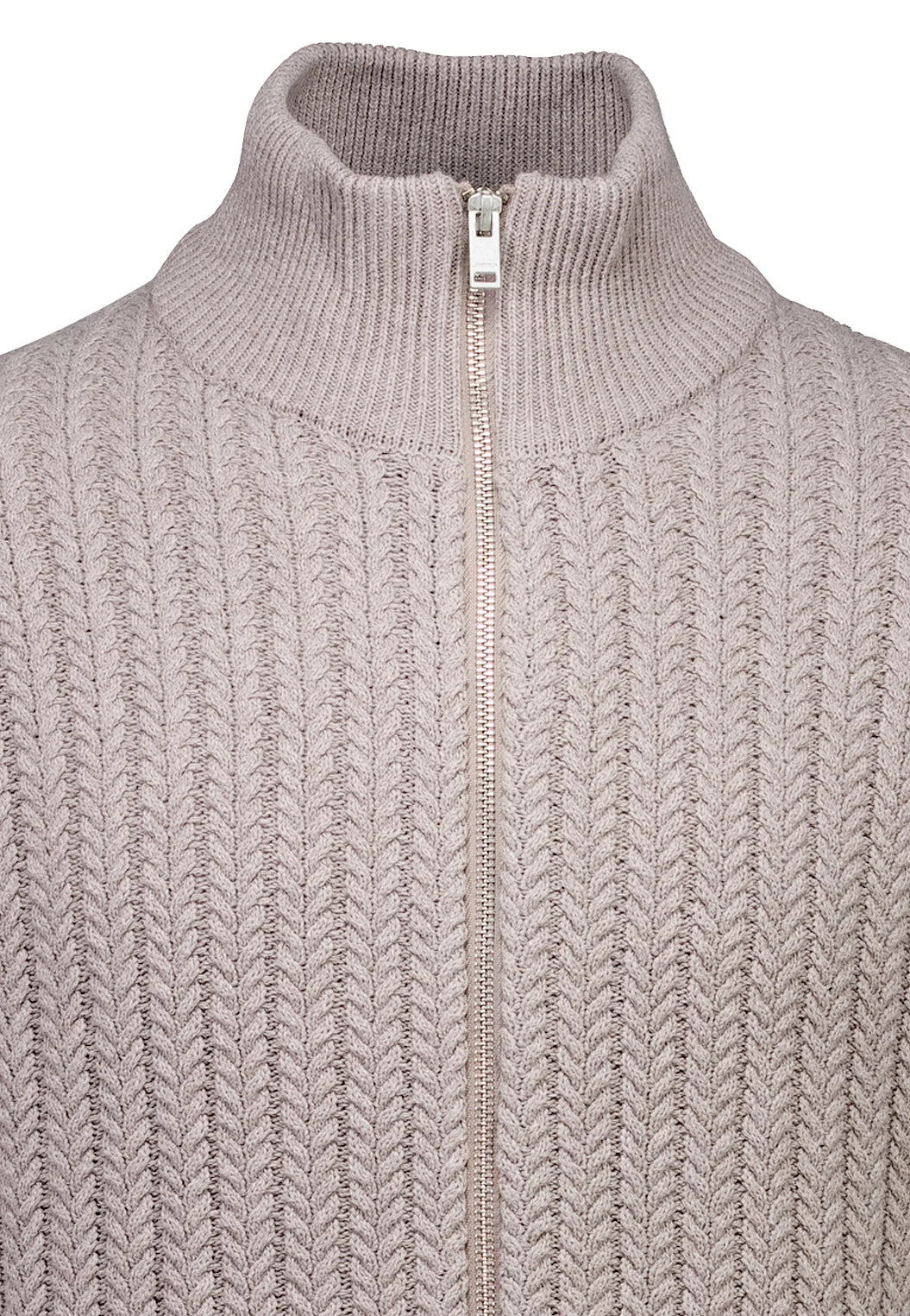 Cardigan Texturizado em Tricô com Gola Alta e Zíper - Bege