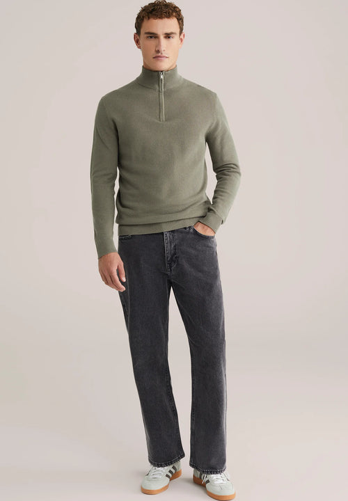 Suéter Masculino em Algodão com Gola Troyer e Zíper - Verde musgo