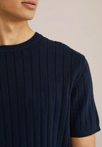 Camiseta Listrada em Algodão Texturizado - Azul marinho