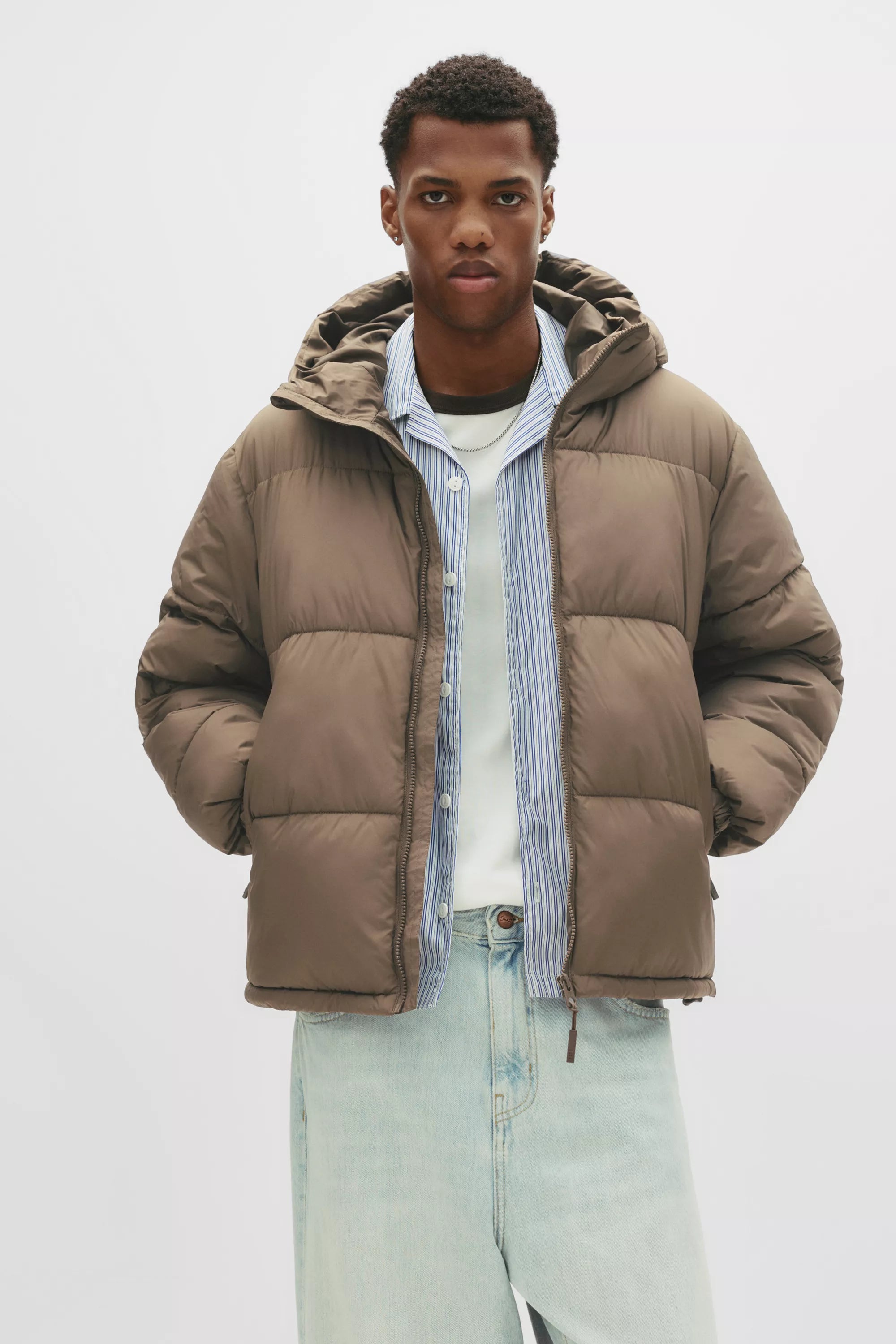 Jaqueta Puffer Blend com Capuz - Marrom