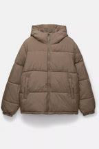 Jaqueta Puffer Blend com Capuz - Marrom