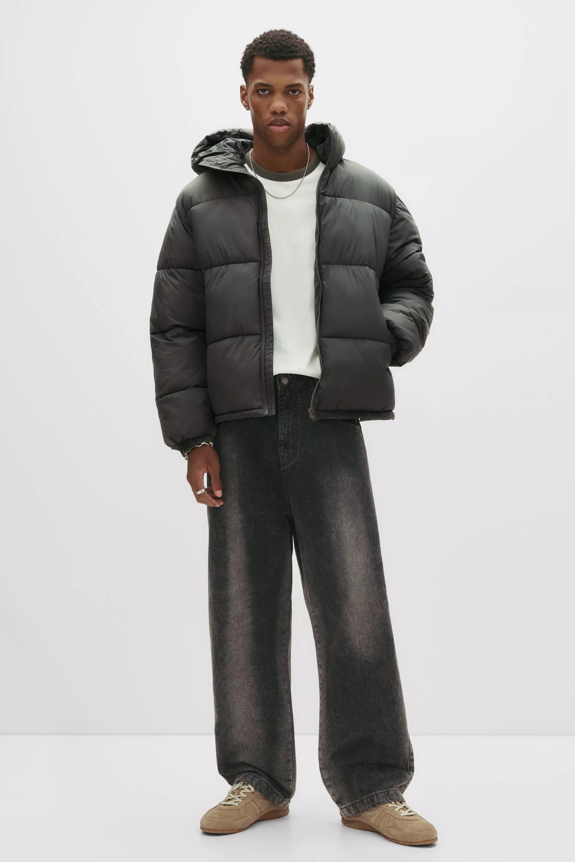 Jaqueta Puffer Blend com Capuz - Cinza escuro