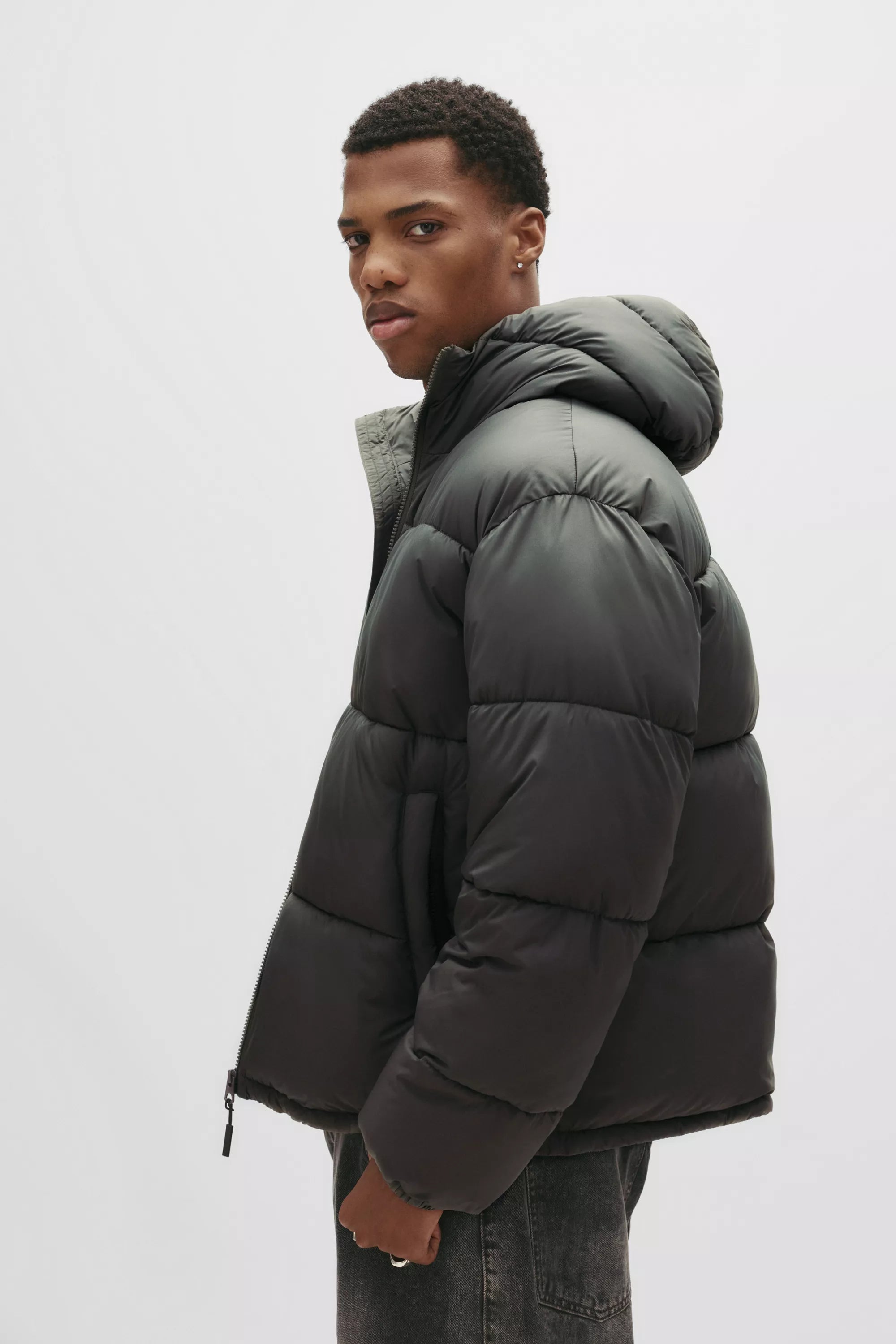 Jaqueta Puffer Blend com Capuz - Cinza escuro