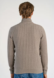 Cardigan Texturizado em Tricô com Gola Alta e Zíper - Bege