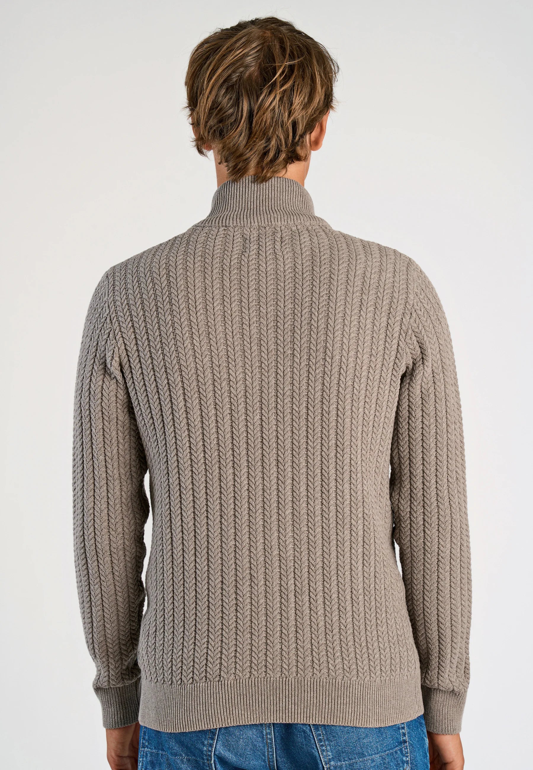 Cardigan Texturizado em Tricô com Gola Alta e Zíper - Bege