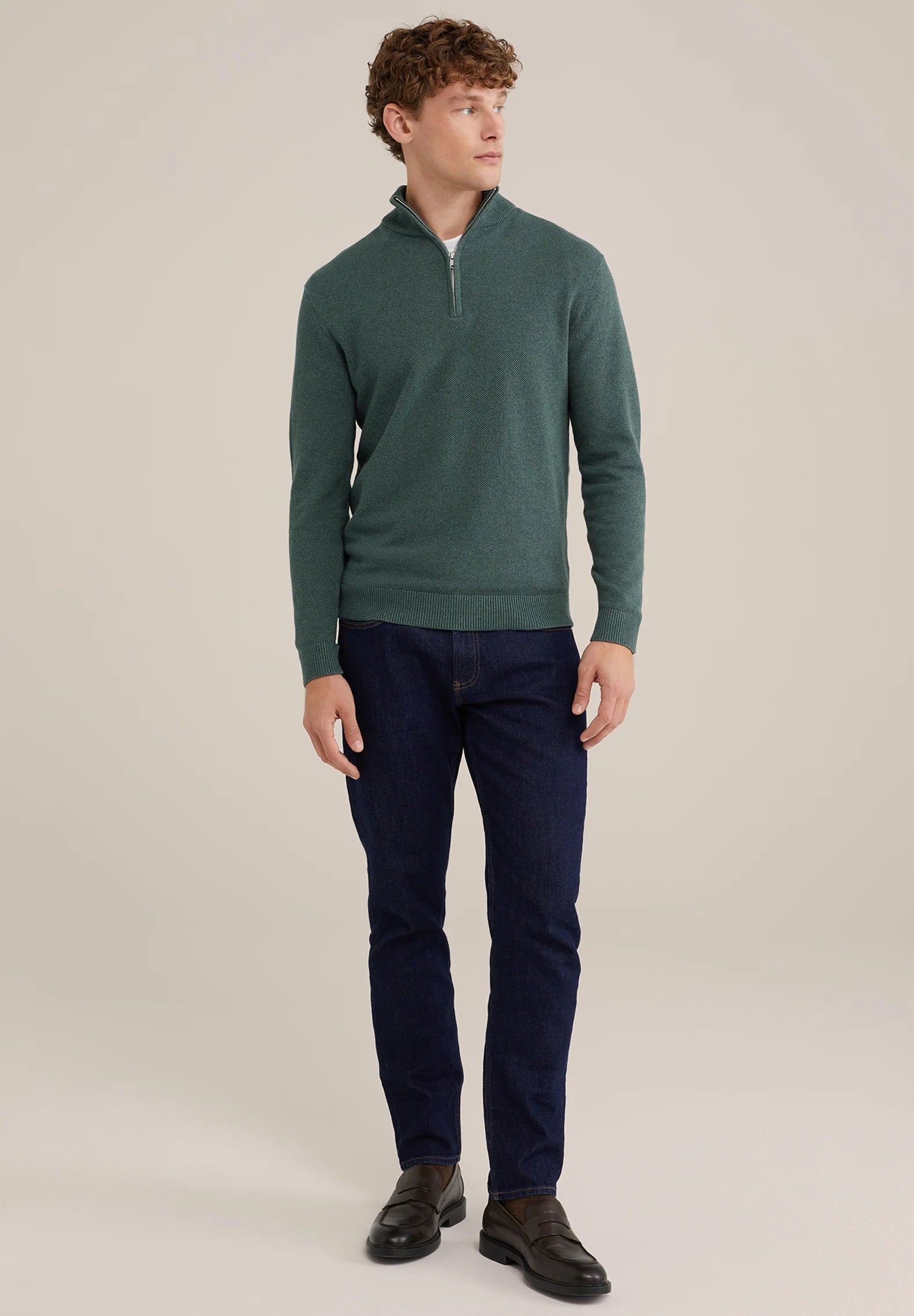 Suéter Masculino em Algodão com Gola Troyer e Zíper - Verde