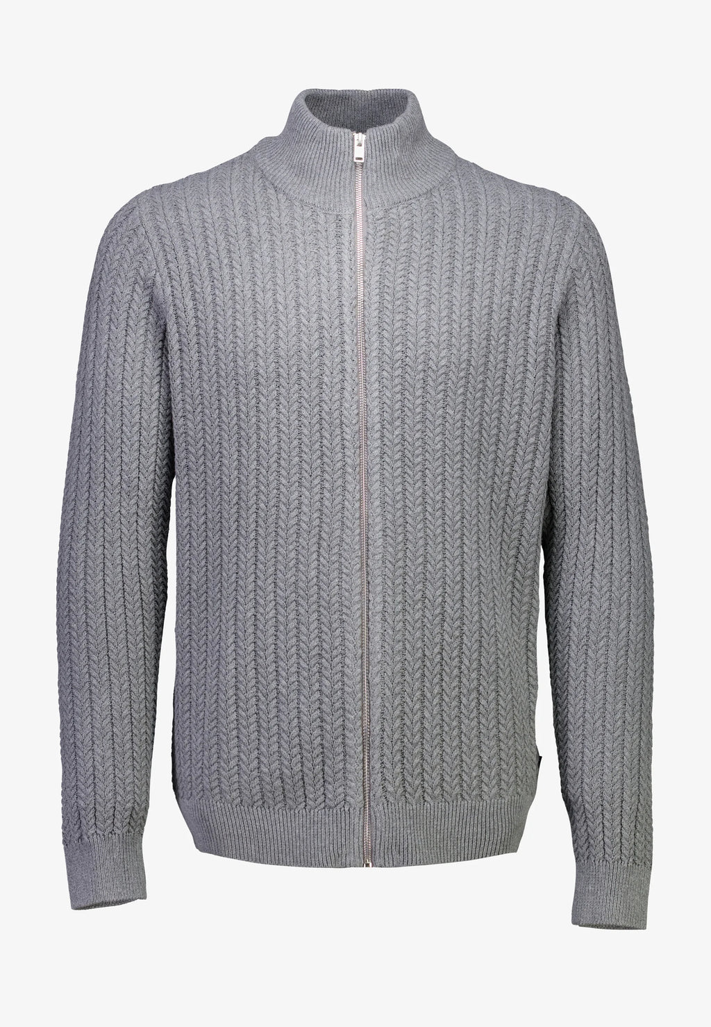 Cardigan Texturizado em Tricô com Gola Alta e Zíper - Cinza