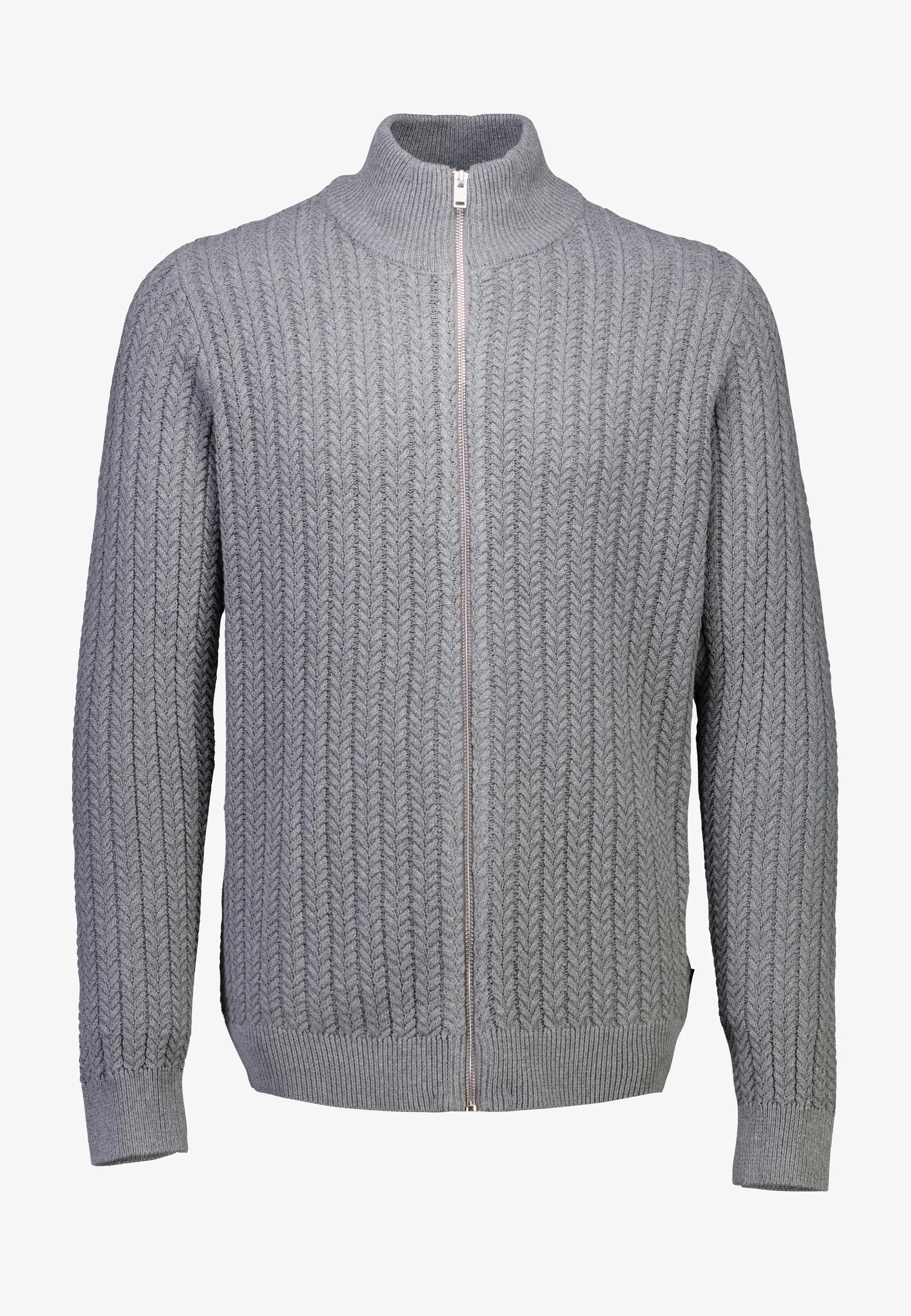 Cardigan Texturizado em Tricô com Gola Alta e Zíper - Cinza