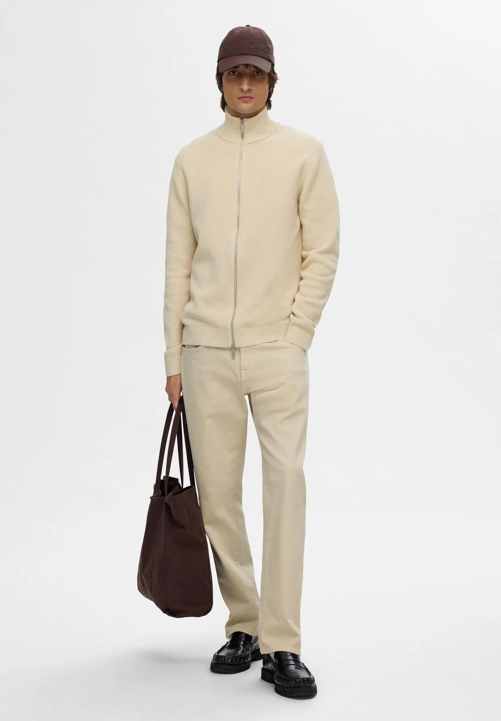 Cardigan Comfort com Gola Alta e Zíper - Bege