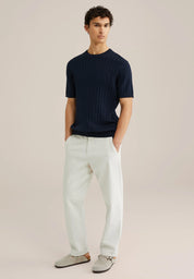 Camiseta Listrada em Algodão Texturizado - Azul marinho