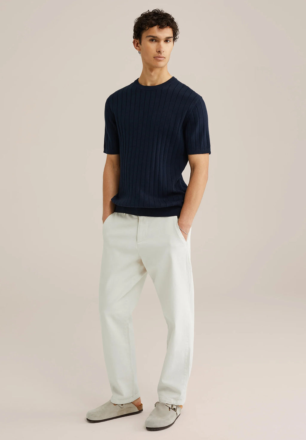 Camiseta Listrada em Algodão Texturizado - Azul marinho