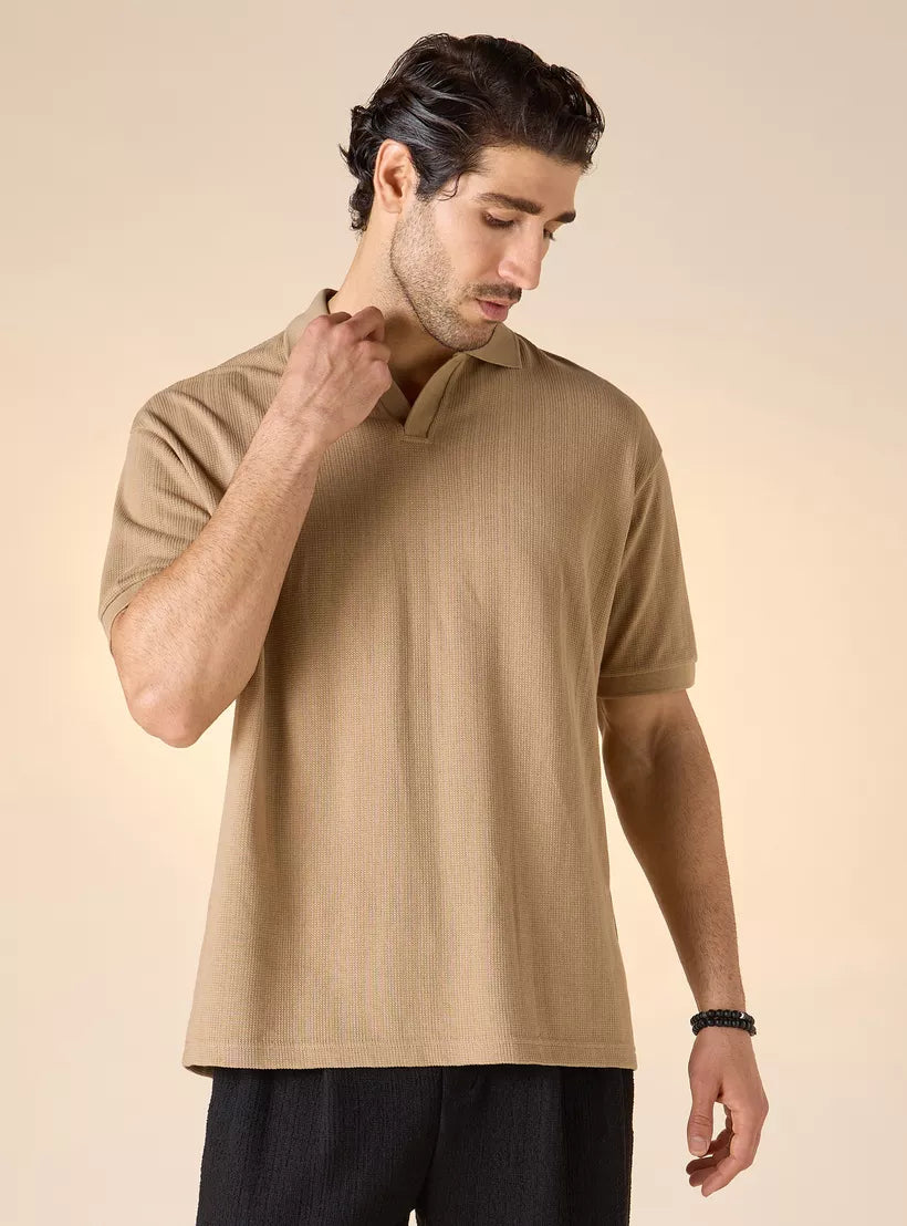 Camiseta Polo Boxy Texturizada - Caramelo