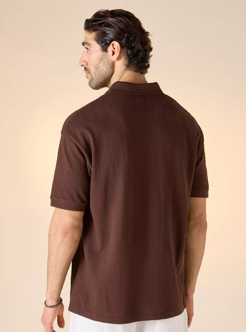 Camiseta Polo Boxy Texturizada - Marrom
