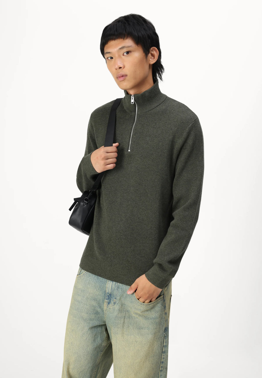 Suéter Comfort Texturizada com Gola Alta e Zíper - Sálvia