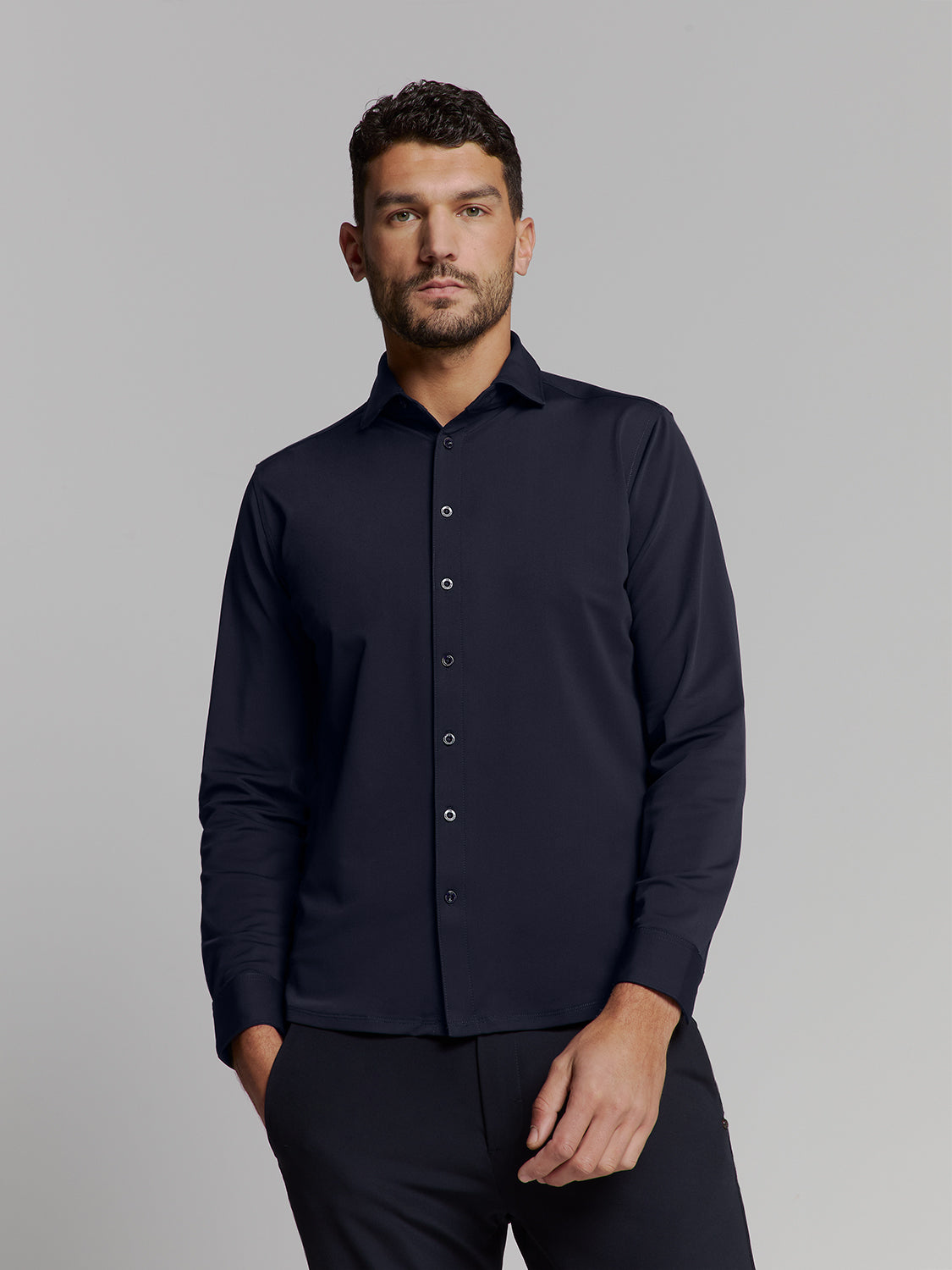 Camisa Slim de Algodão Manga Longa - Azul marinho