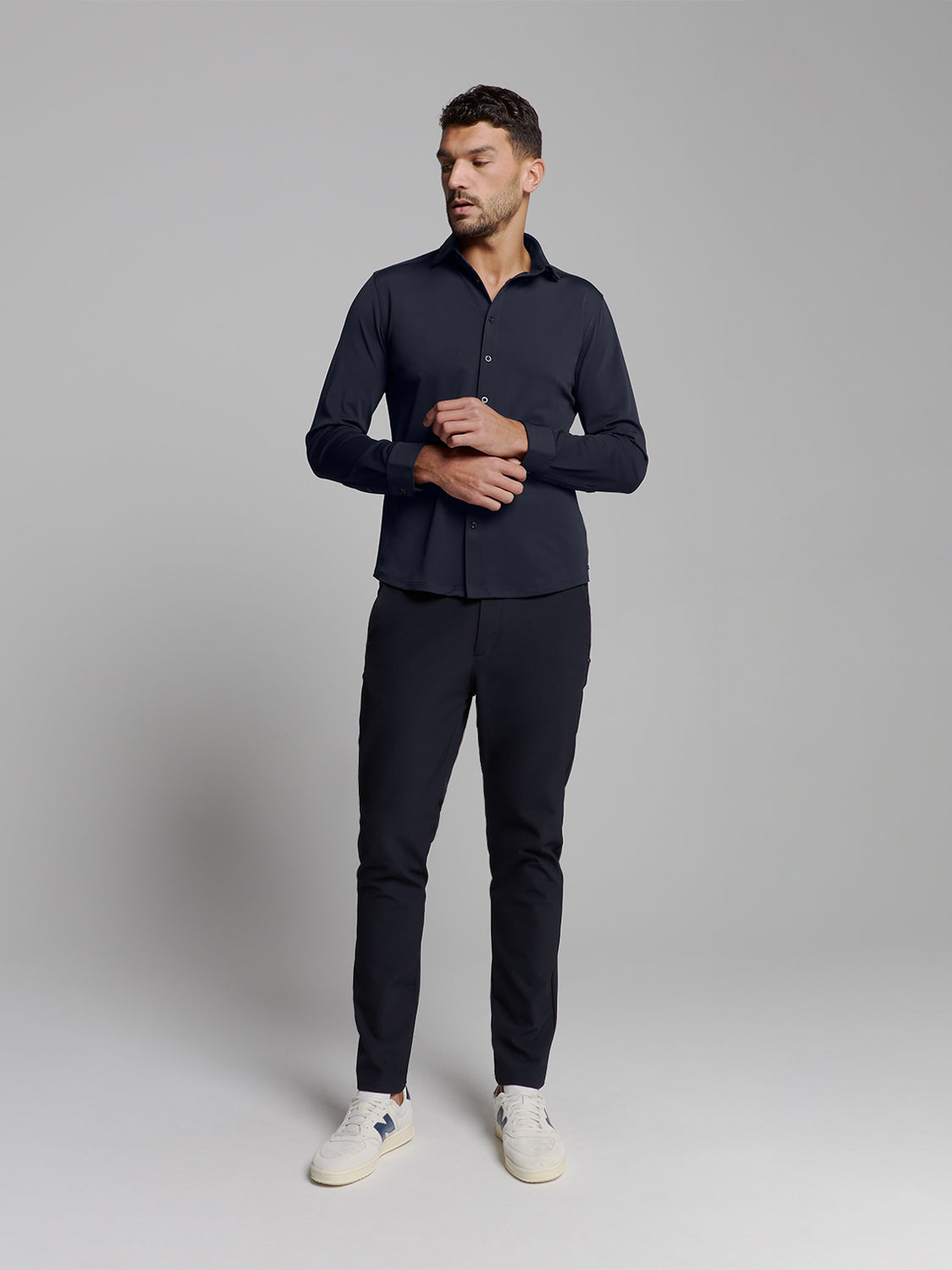 Camisa Slim de Algodão Manga Longa - Azul marinho
