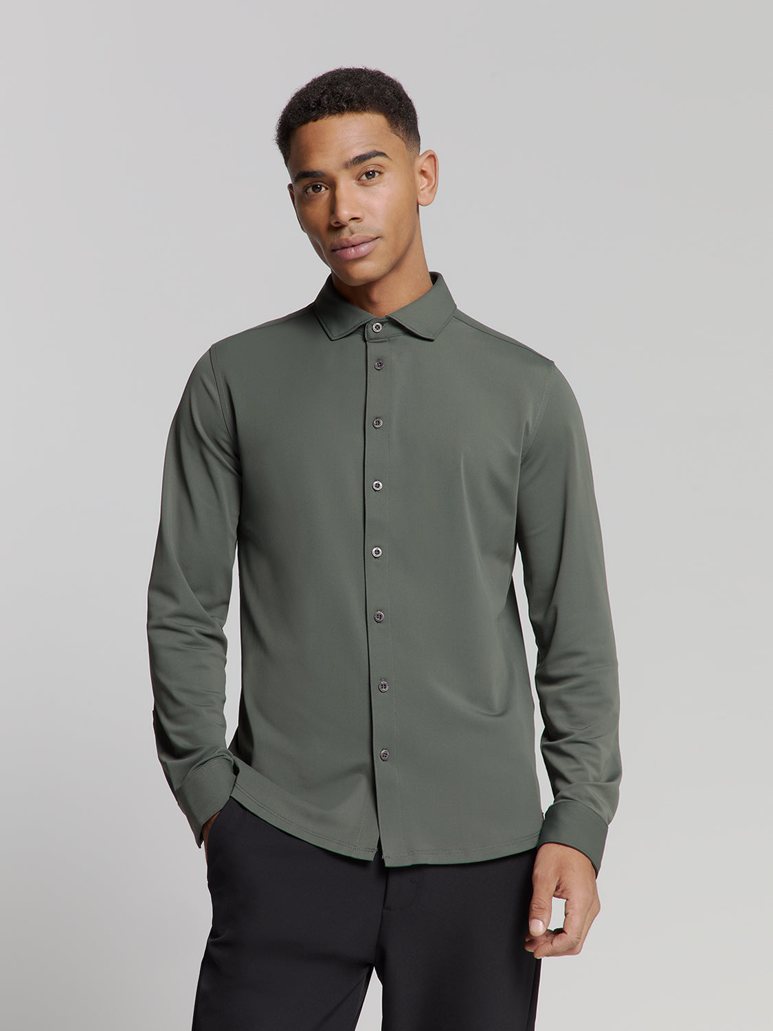 Camisa Slim de Algodão Manga Longa - Verde musgo