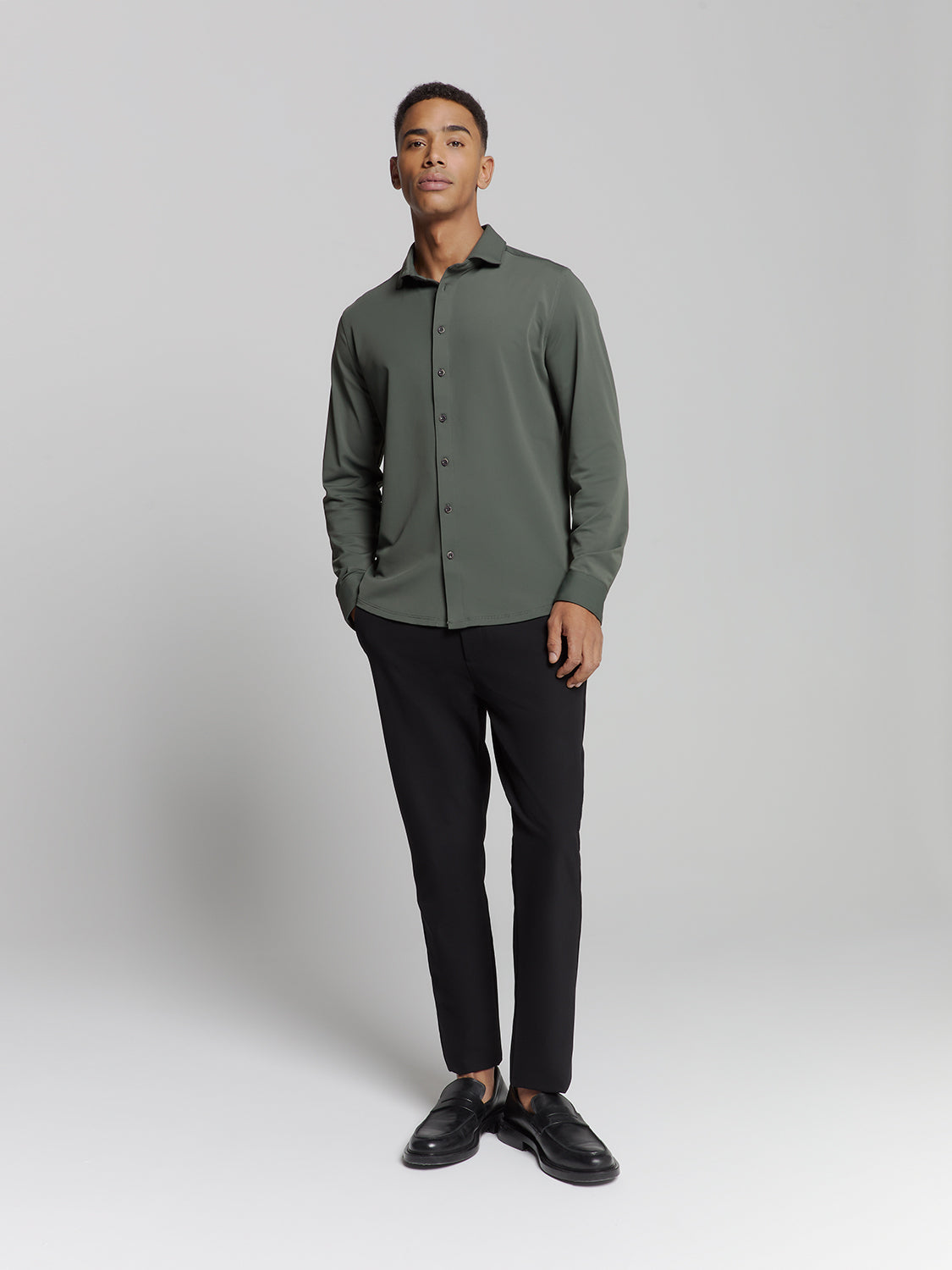 Camisa Slim de Algodão Manga Longa - Verde musgo