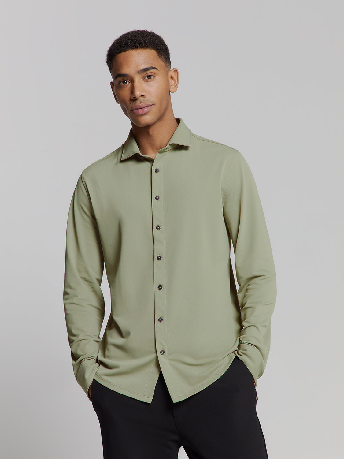 Camisa Slim de Algodão Manga Longa - Verde claro