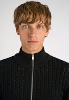 Cardigan Texturizado em Tricô com Gola Alta e Zíper - Preto