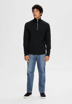 Suéter Comfort Texturizada com Gola Alta e Zíper - Preto