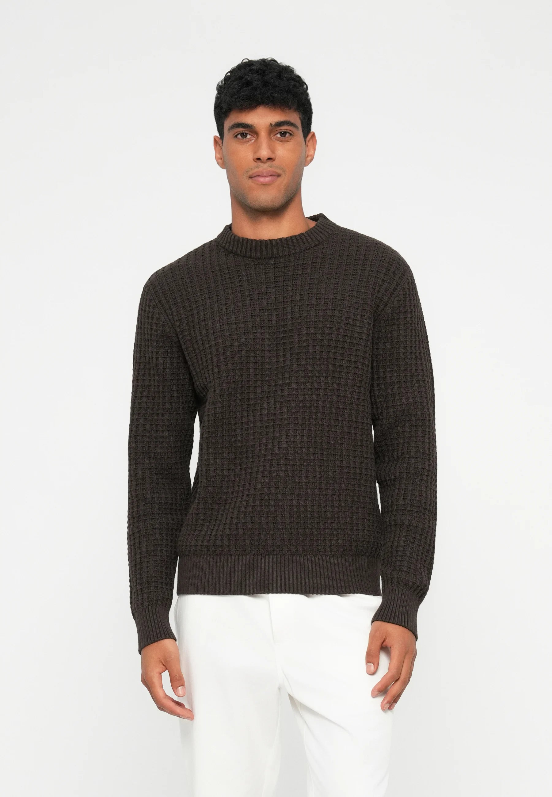 Suéter Masculino Gola Redonda Texturizado - Marrom