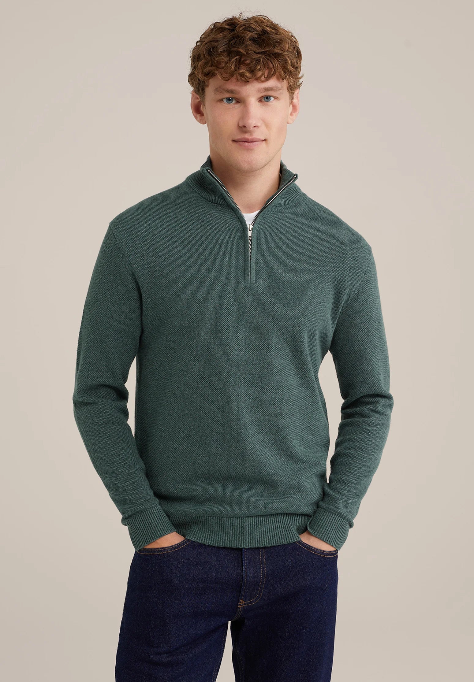Suéter Masculino em Algodão com Gola Troyer e Zíper - Verde