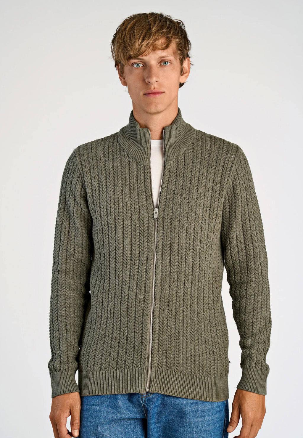 Cardigan Texturizado em Tricô com Gola Alta e Zíper - Verde musgo