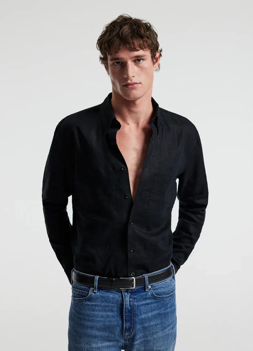 Camisa Clássica de Linho com Bolso Frontal