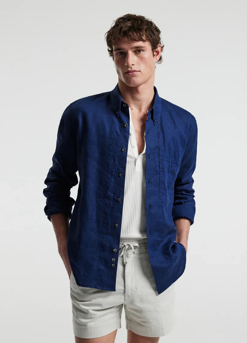 Camisa Clássica de Linho com Bolso Frontal