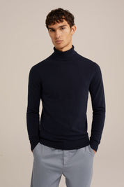 Suéter de Gola Alta em Malha Fina - Azul marinho