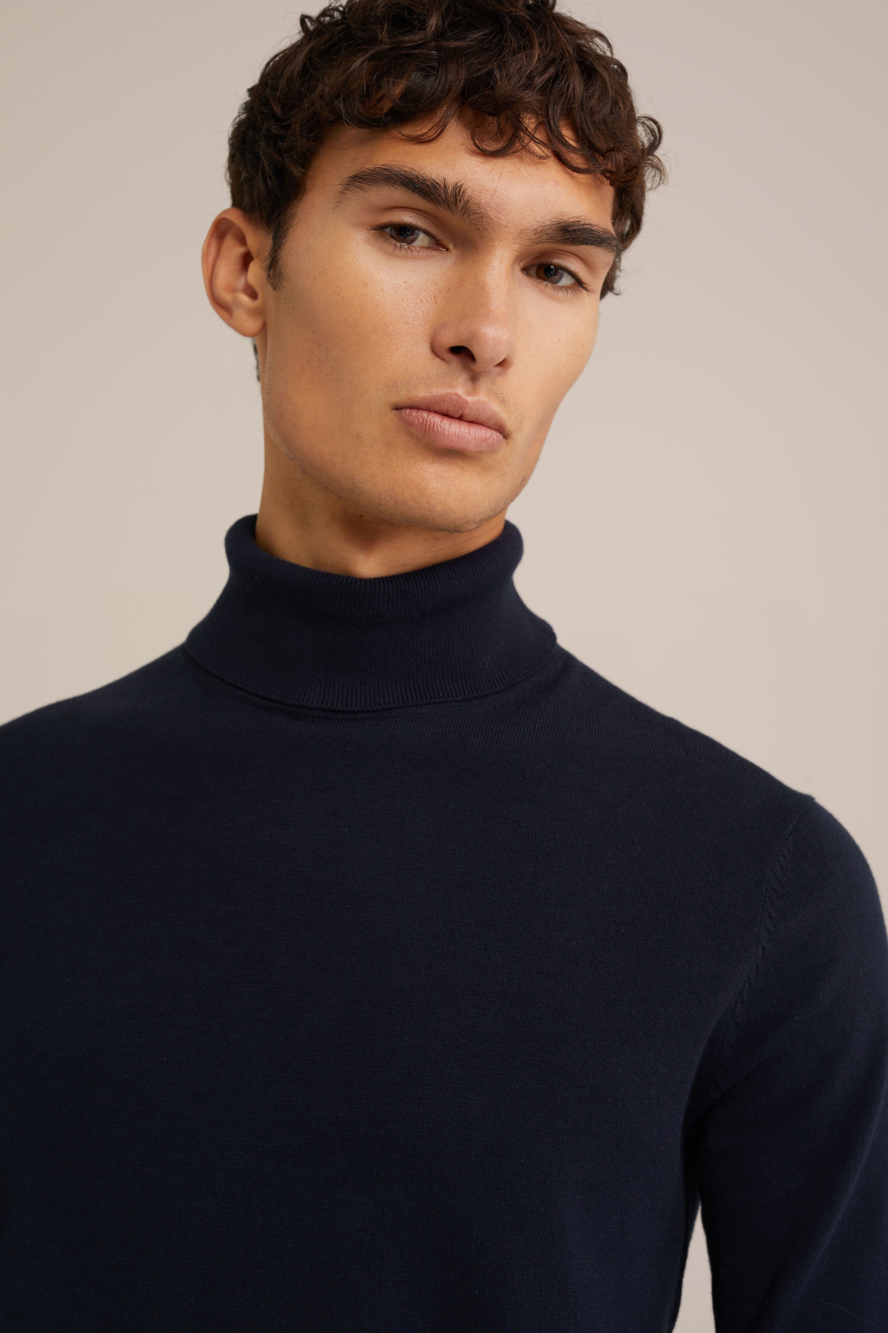 Suéter de Gola Alta em Malha Fina - Azul marinho