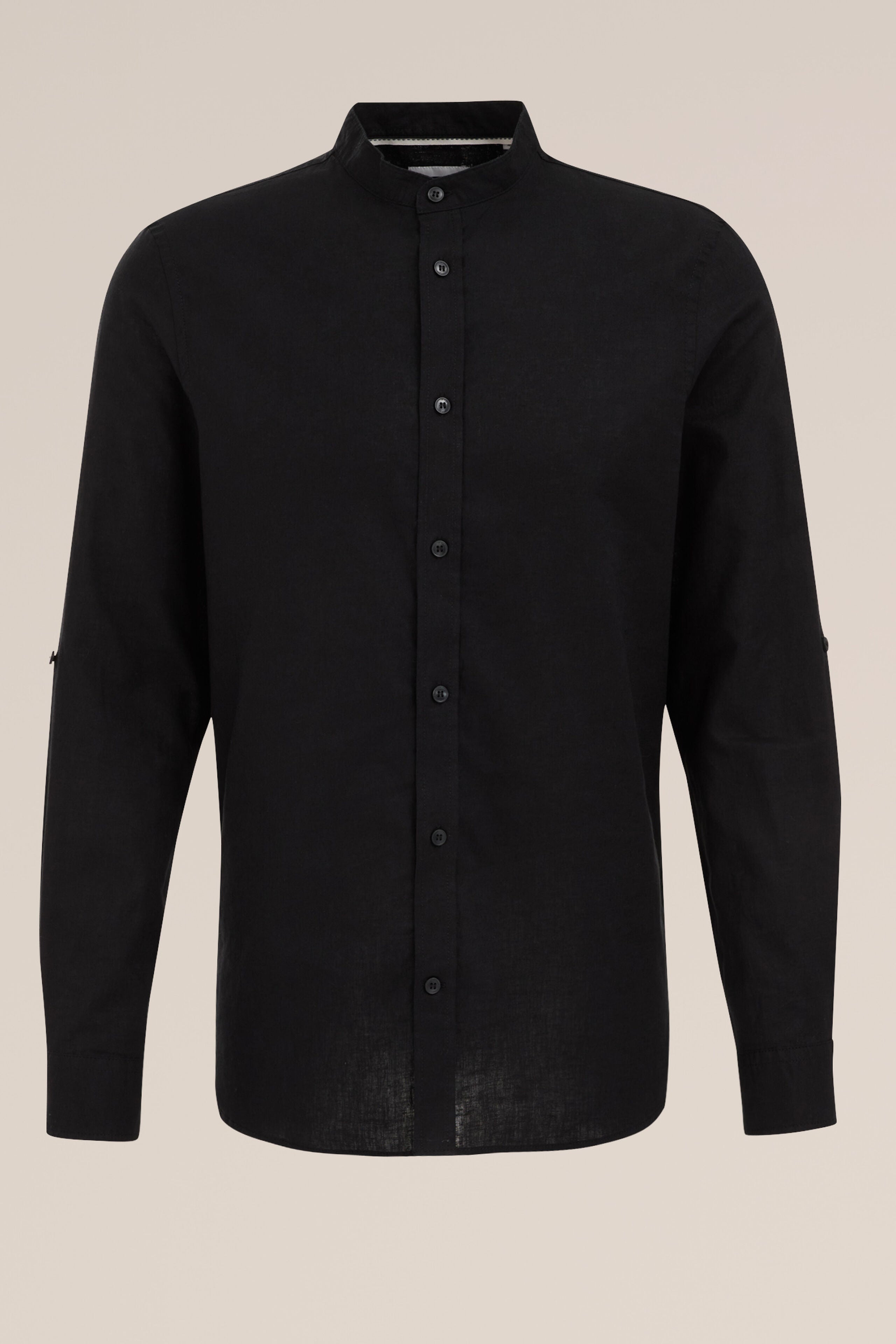 Camisa Regular Fit em Linho Misto com Gola Mao - Preto