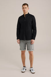 Camisa Regular Fit em Linho Misto com Gola Mao - Preto