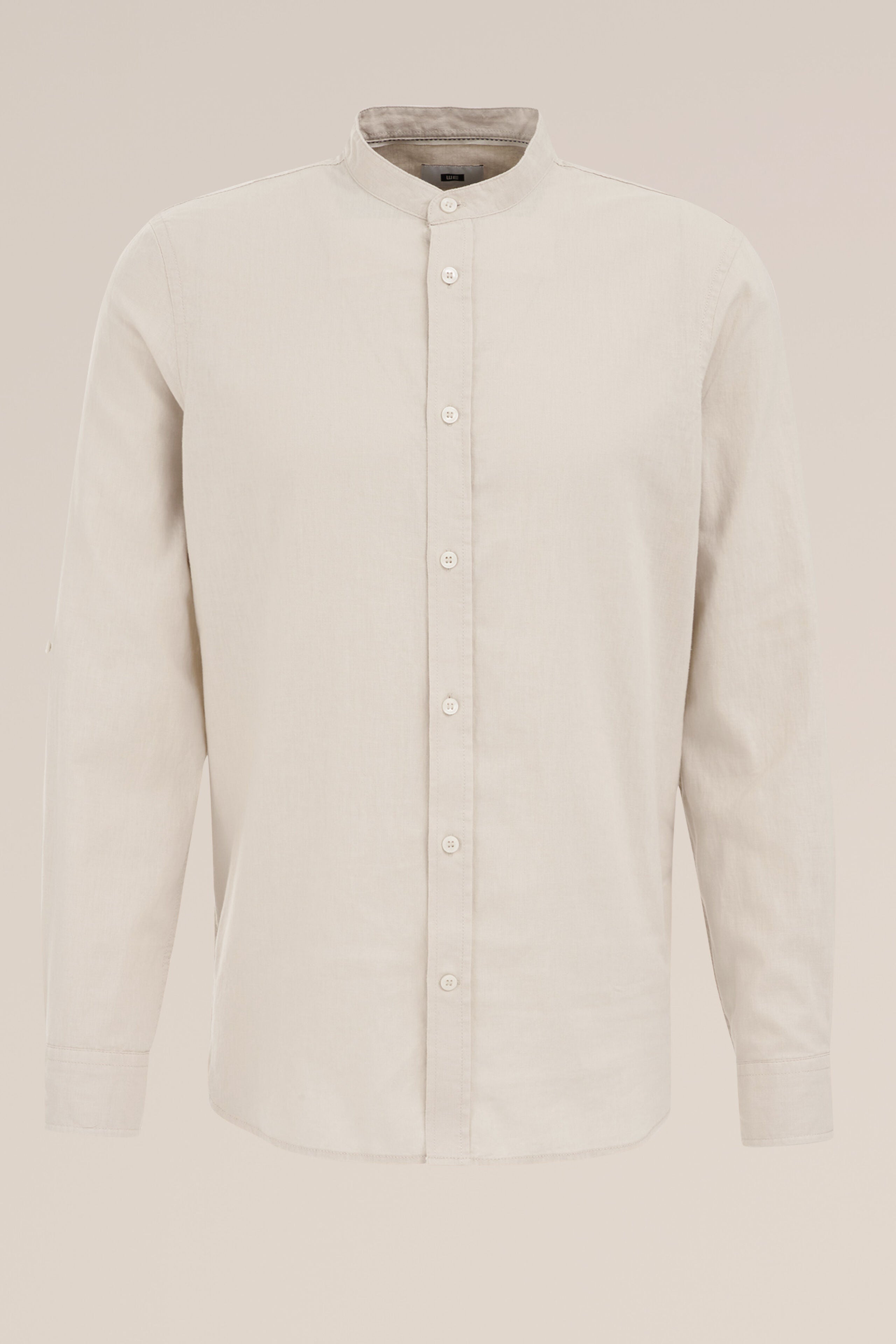 Camisa Regular Fit em Linho Misto com Gola Mao - Bege