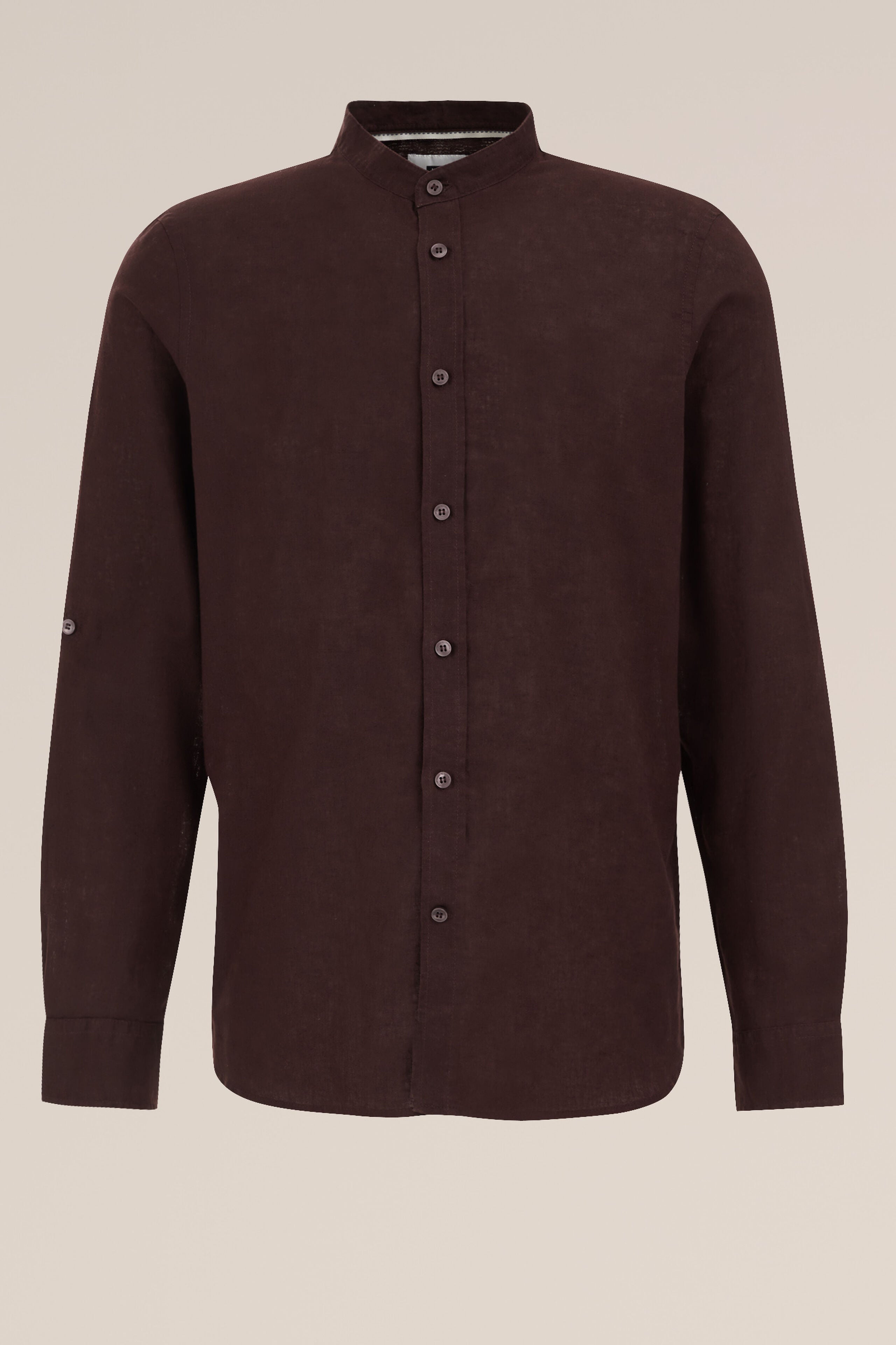 Camisa Regular Fit em Linho Misto com Gola Mao - Marrom