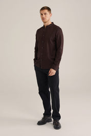Camisa Regular Fit em Linho Misto com Gola Mao - Marrom