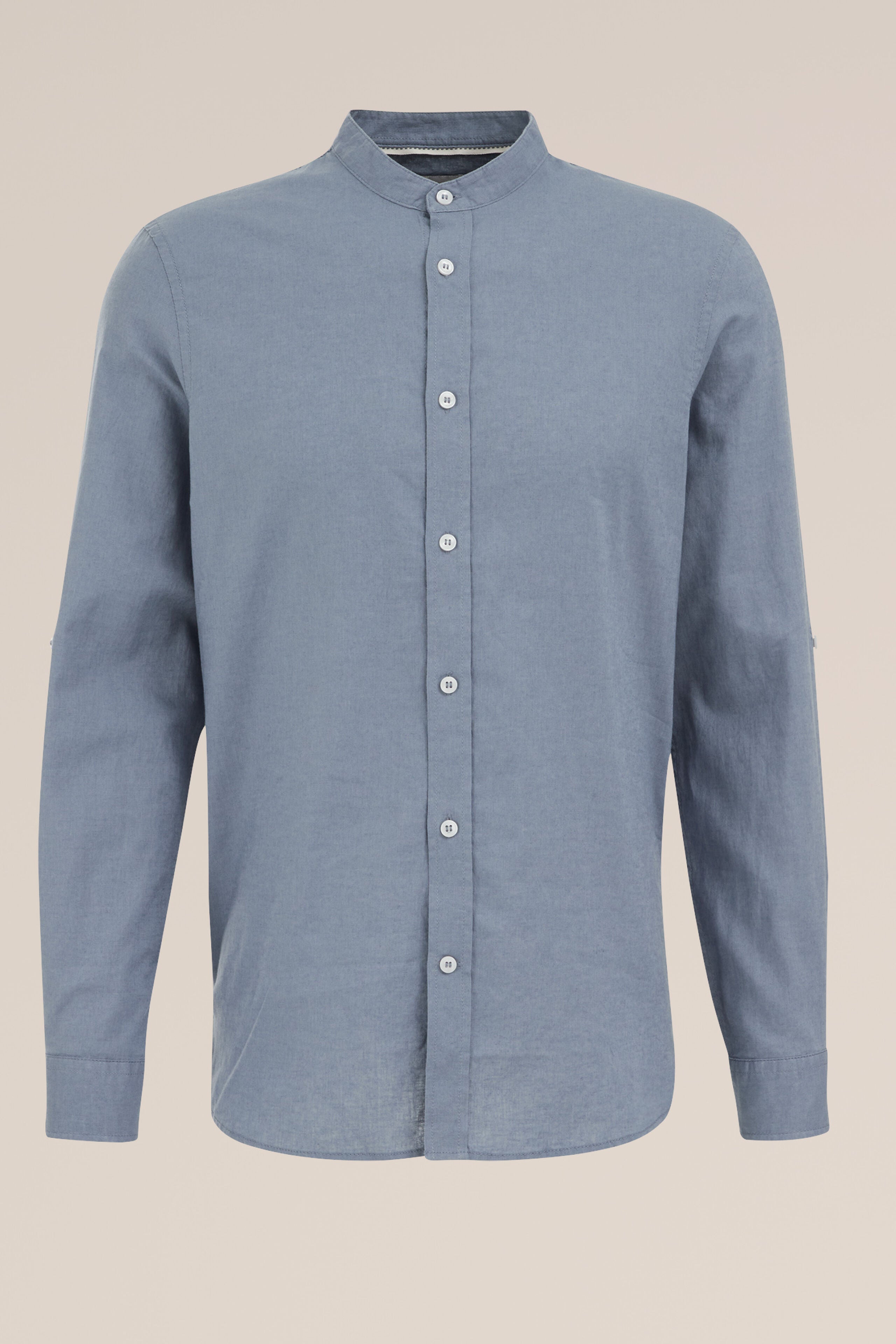 Camisa Regular Fit em Linho Misto com Gola Mao - Azul