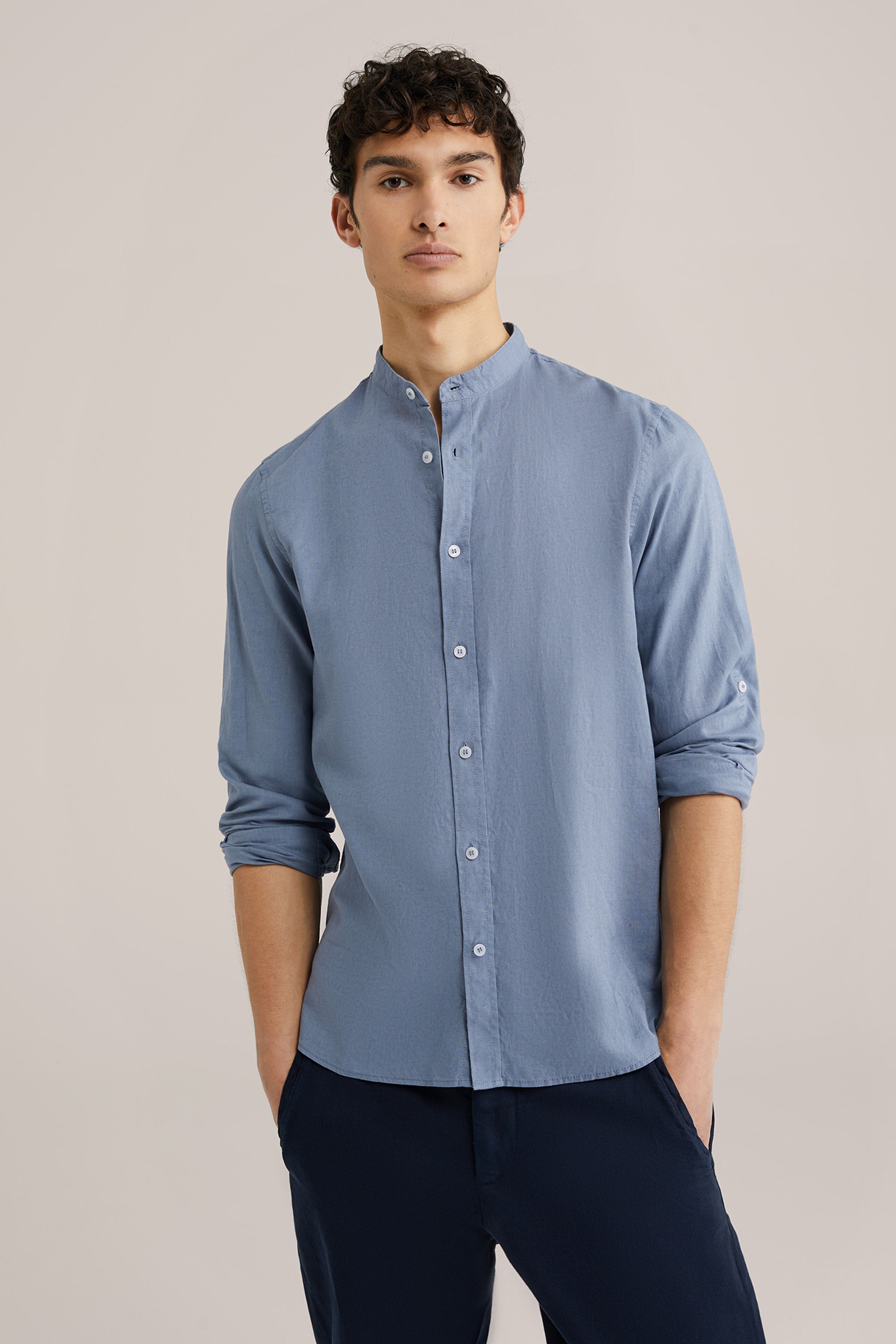 Camisa Regular Fit em Linho Misto com Gola Mao - Azul