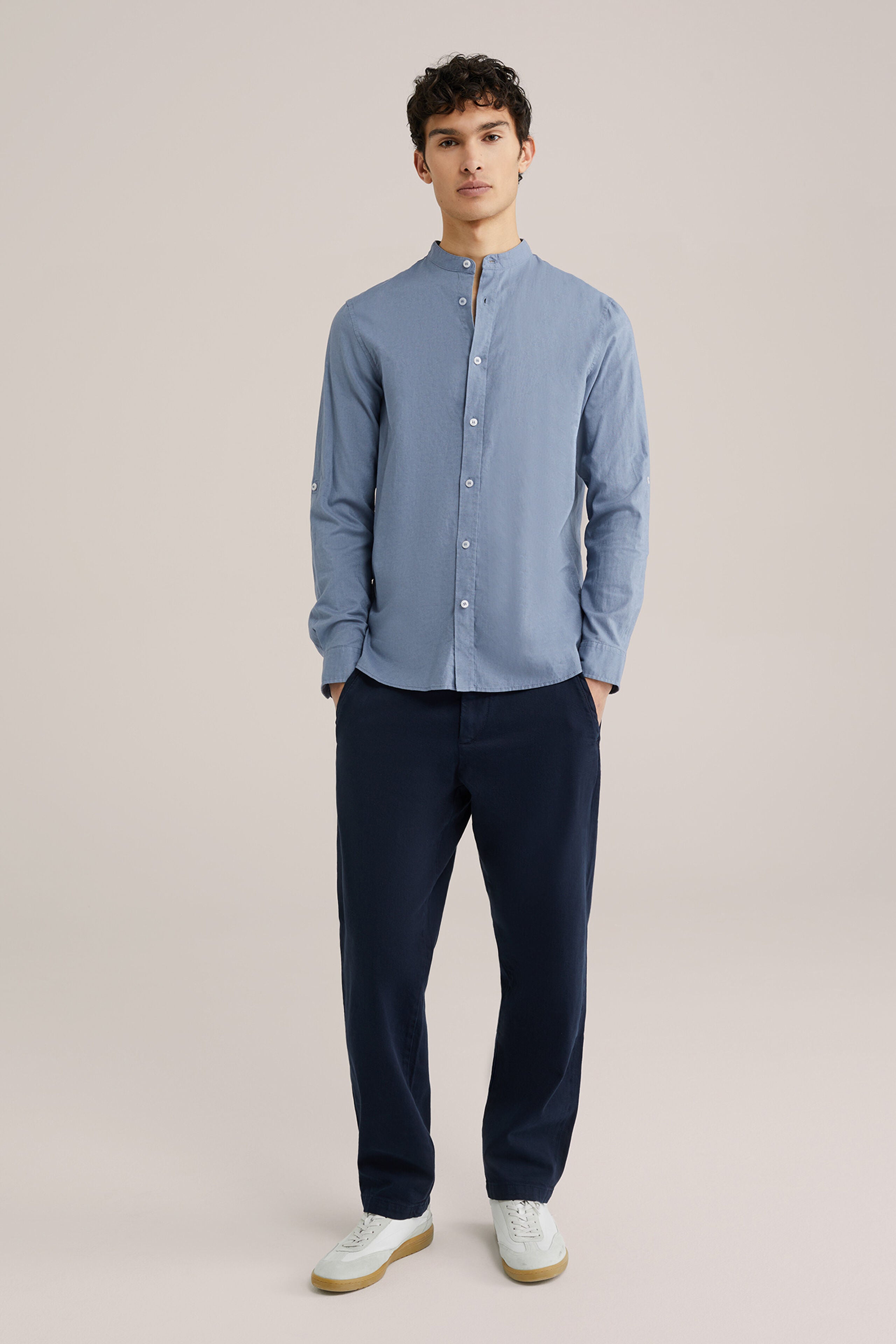 Camisa Regular Fit em Linho Misto com Gola Mao - Azul