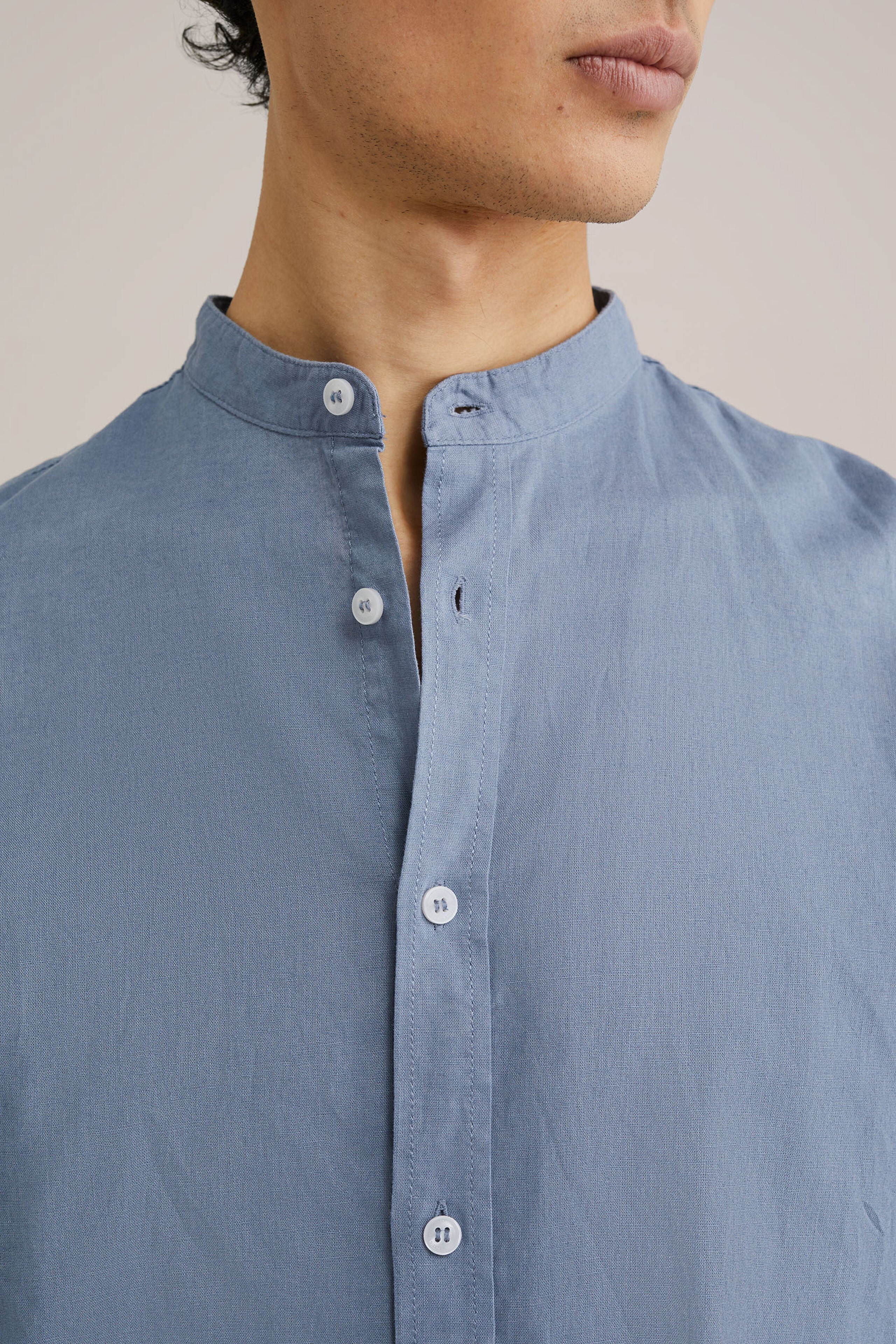 Camisa Regular Fit em Linho Misto com Gola Mao - Azul