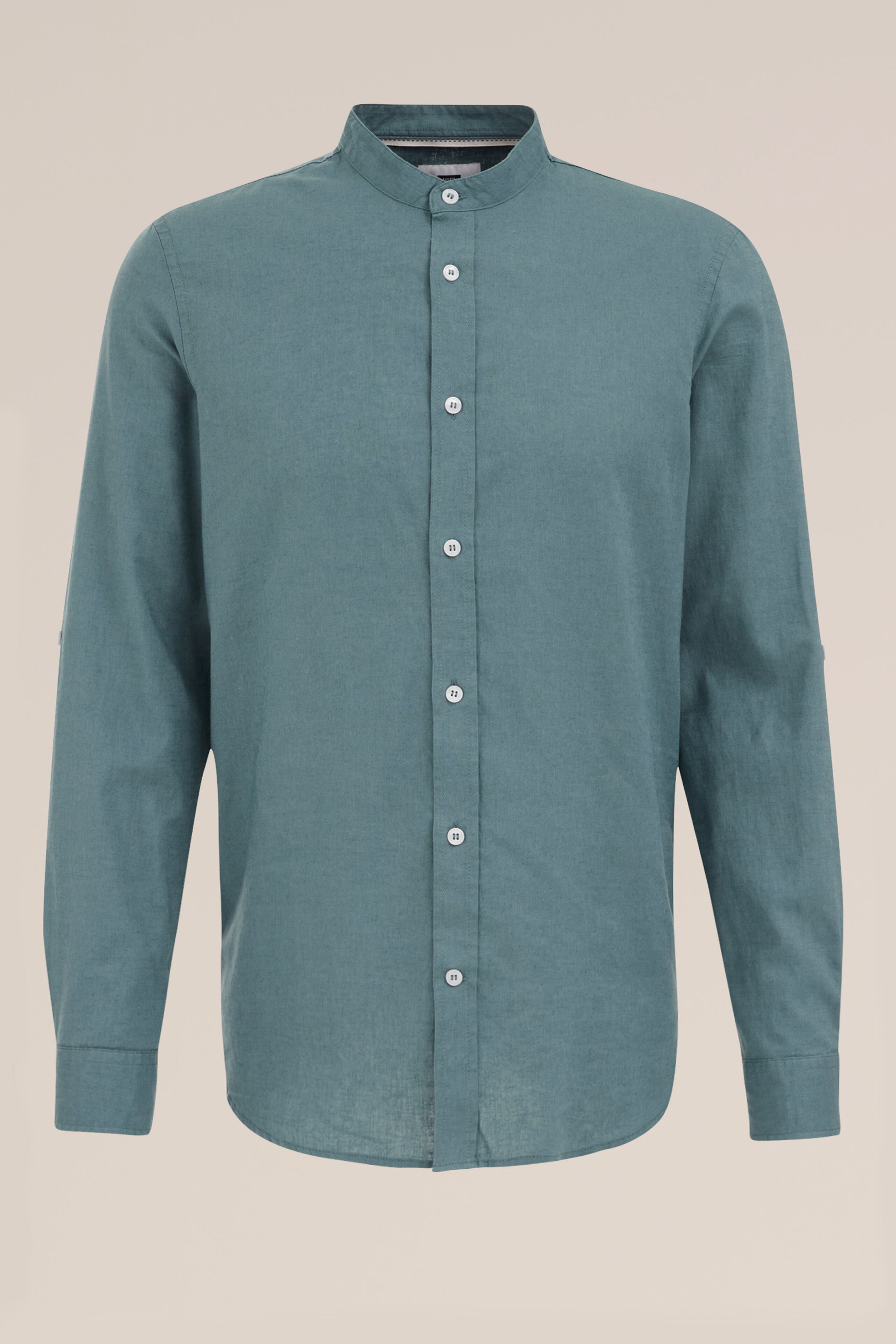 Camisa Regular Fit em Linho Misto com Gola Mao - Verde água
