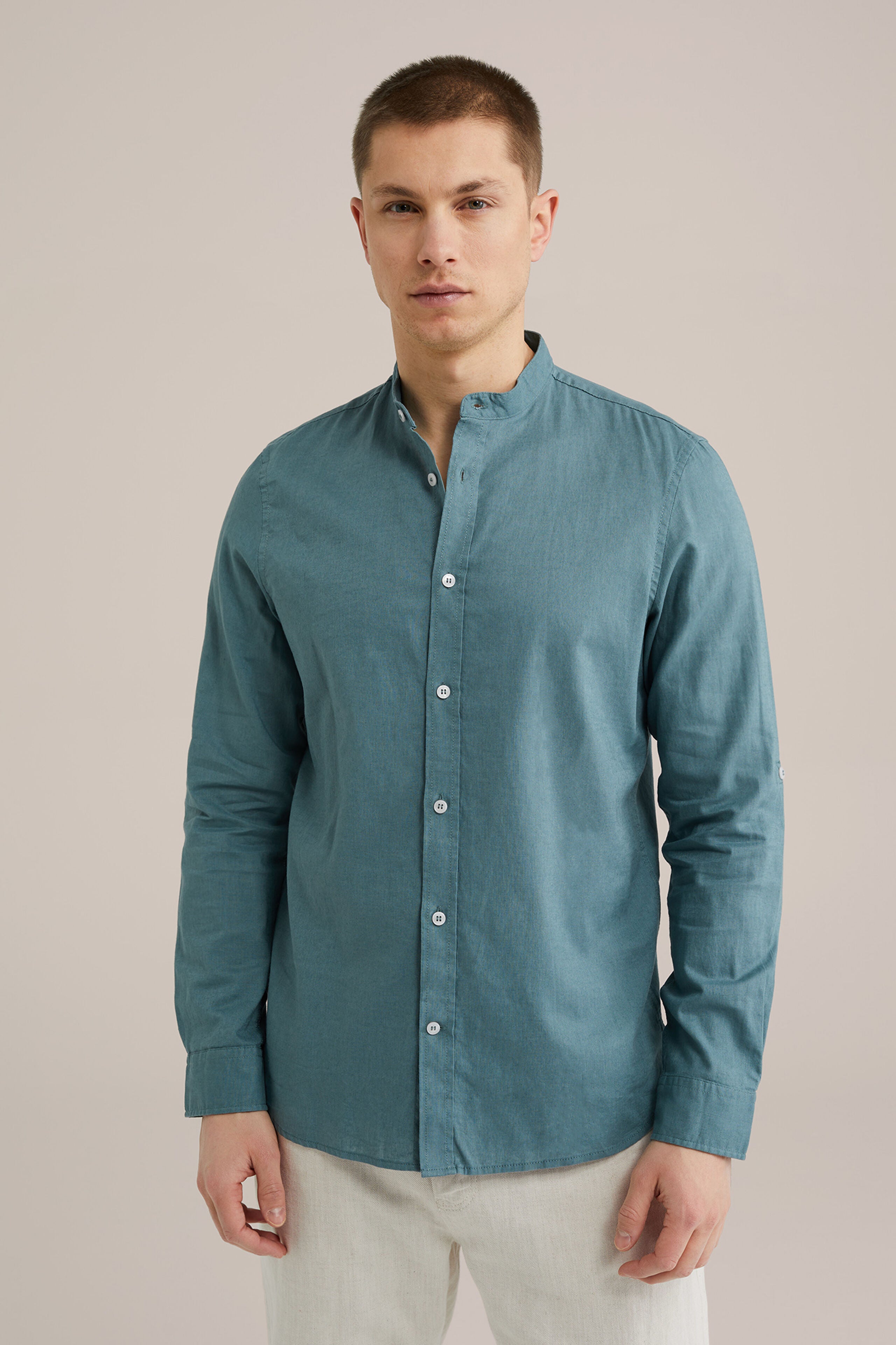 Camisa Regular Fit em Linho Misto com Gola Mao - Verde água
