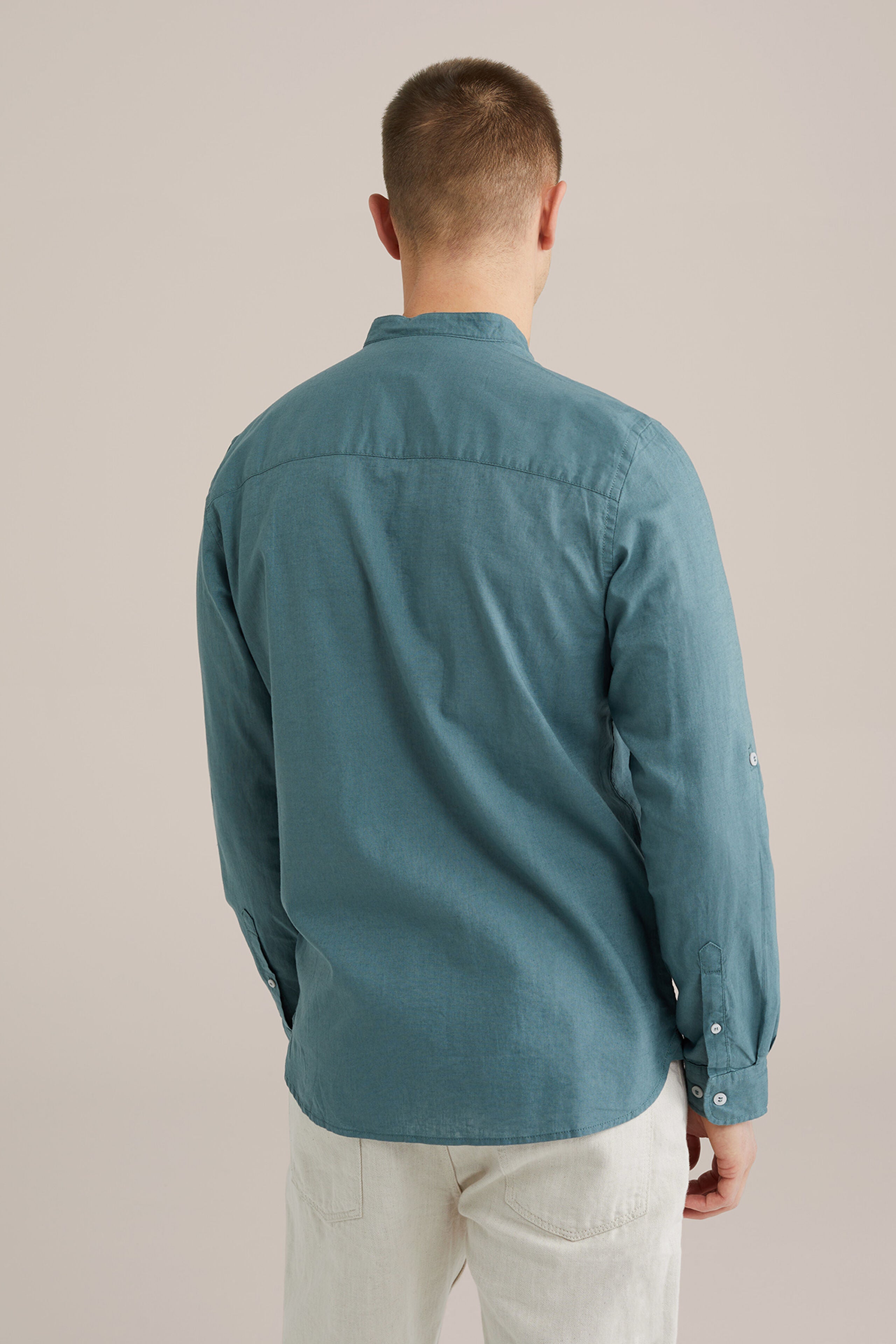 Camisa Regular Fit em Linho Misto com Gola Mao - Verde água