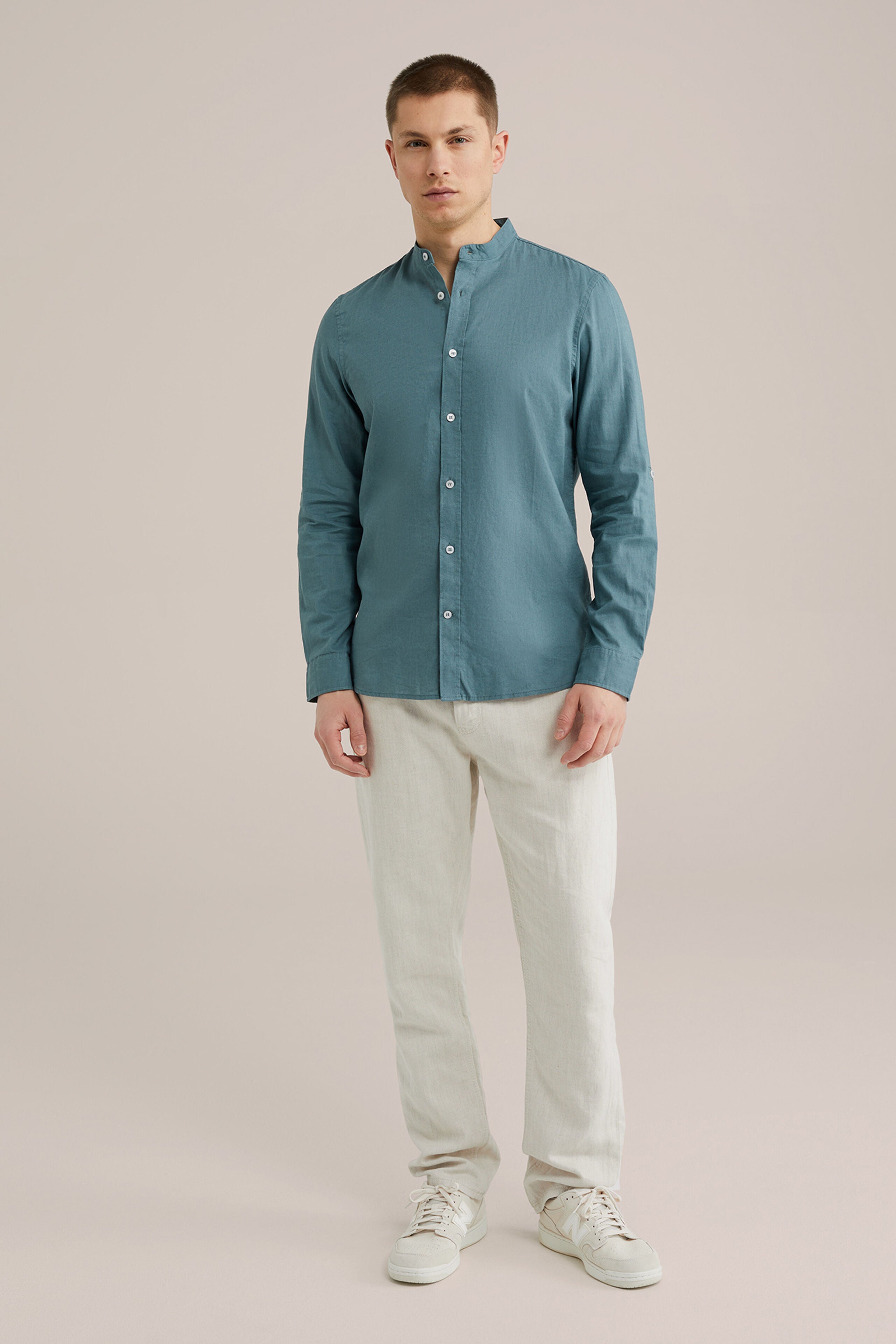 Camisa Regular Fit em Linho Misto com Gola Mao - Verde água