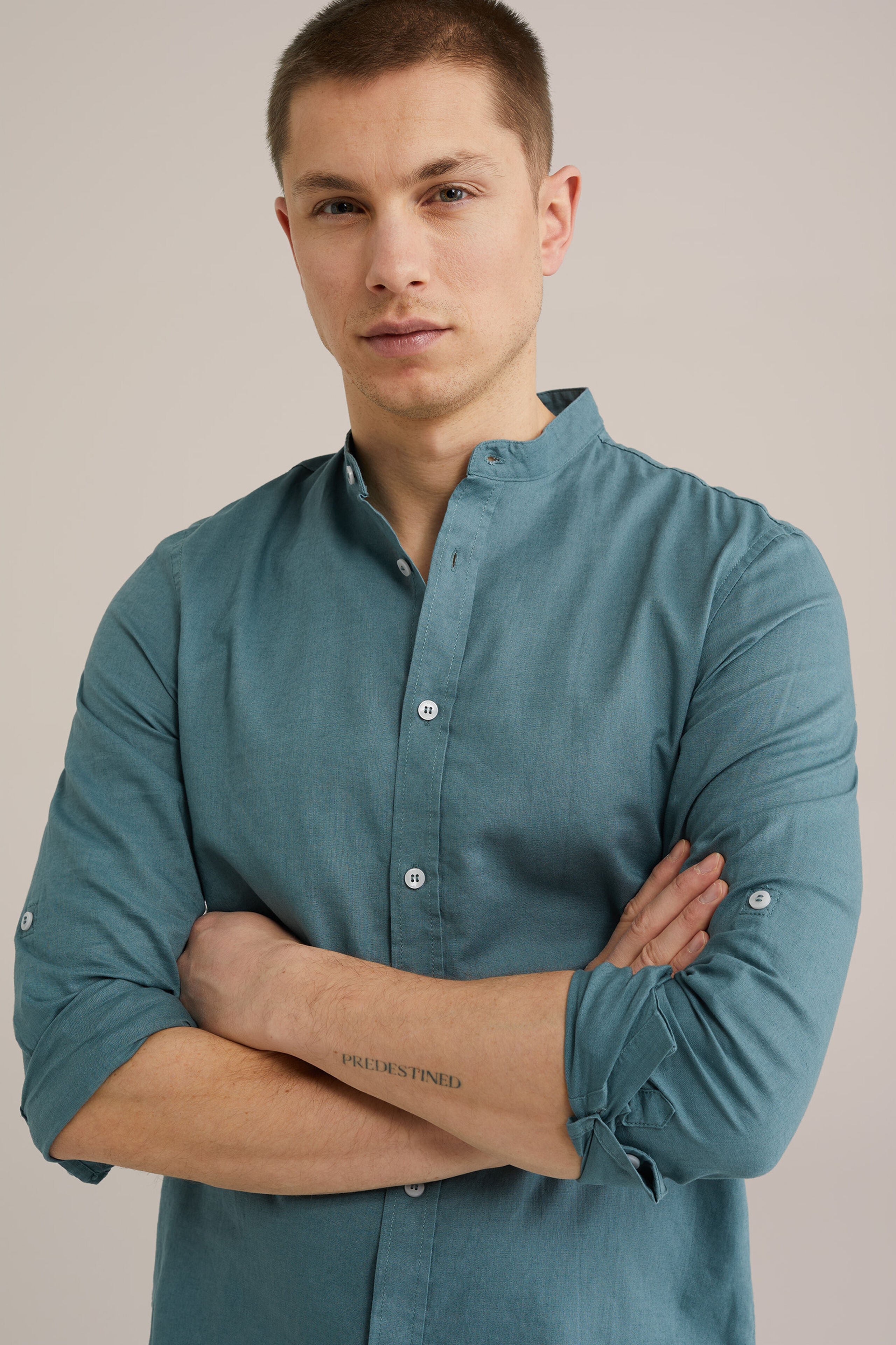 Camisa Regular Fit em Linho Misto com Gola Mao - Verde água